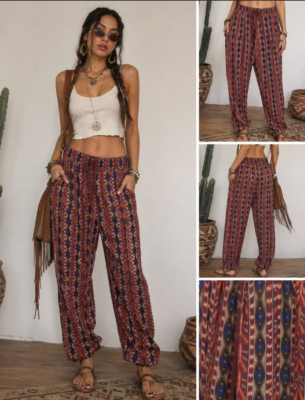Rewash LA Boho Tribal Print Jogger Pants Womens S Red Festival Hippie Woodstock